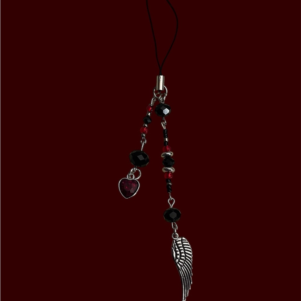 Red & Black Beaded Angel Wing Phone Charm